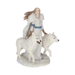 Winter Guardian by Anne Stokes figurine with a fantasy woman in white robes and two white wolves