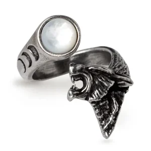 Howl at the Moon ring by Alchemy England wolf head moonstone ring