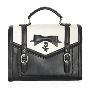 Banned Alternative Nevermore Satchel gothic black and white handbag with skull flower design and bow detail