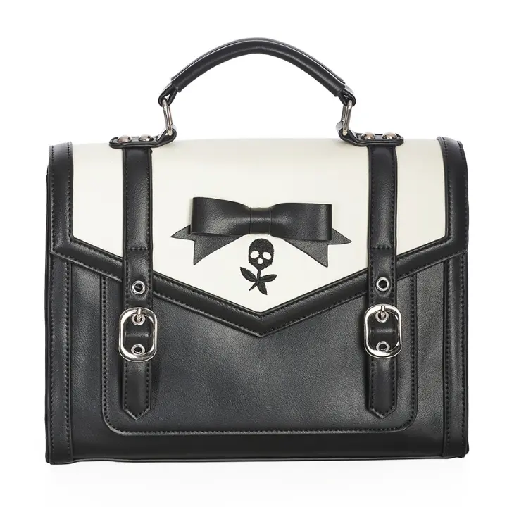 Banned Alternative Nevermore Satchel gothic black and white handbag with skull flower design and bow detail
