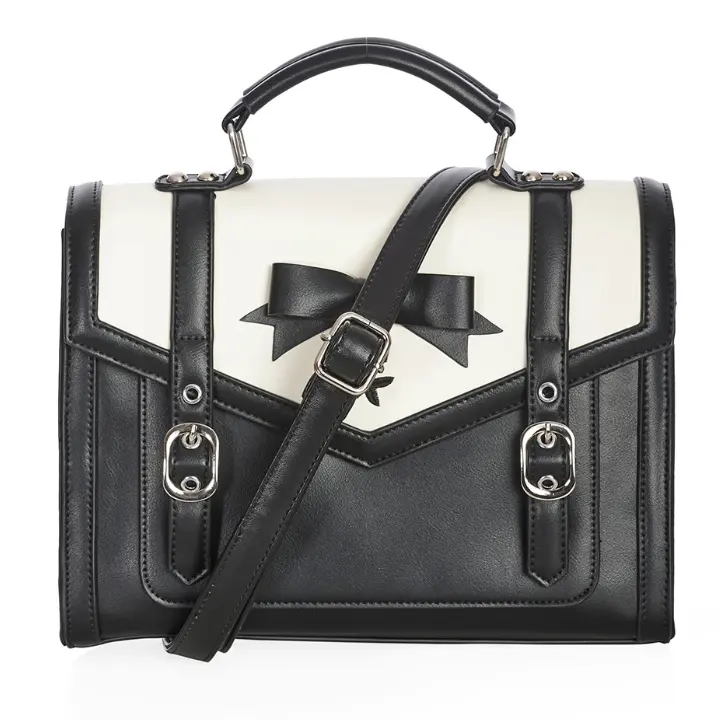 Banned Alternative Nevermore Satchel gothic black and white handbag with skull flower design and bow detail