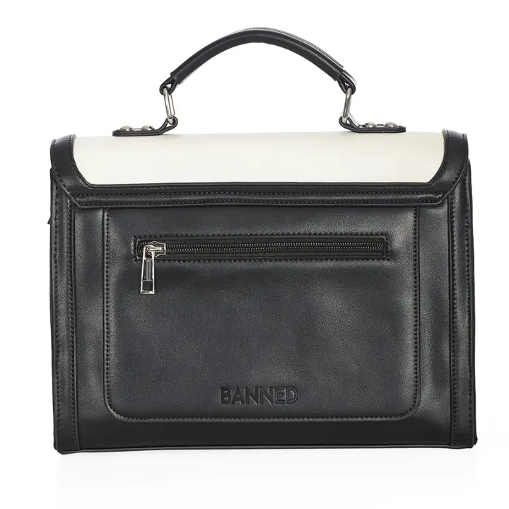 Banned Alternative Nevermore Satchel gothic black and white handbag with skull flower design and bow detail