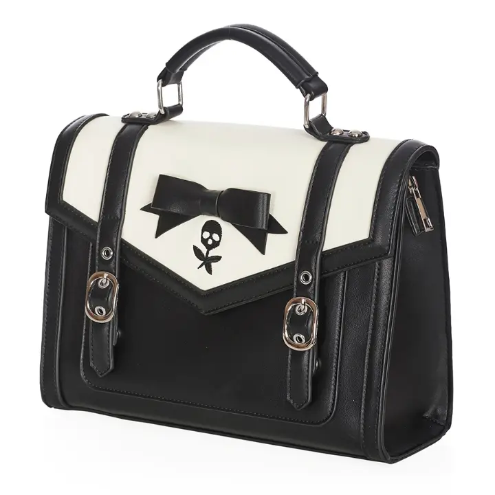 Banned Alternative Nevermore Satchel gothic black and white handbag with skull flower design and bow detail
