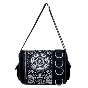 Black pentagram messenger bag by Banned Alternative with occult symbols gothic crossbody design