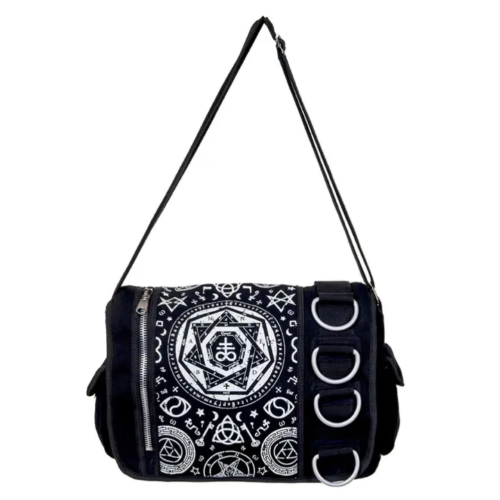 Black pentagram messenger bag by Banned Alternative with occult symbols gothic crossbody design