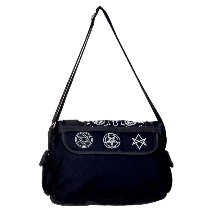 Black pentagram messenger bag by Banned Alternative with occult symbols gothic crossbody design