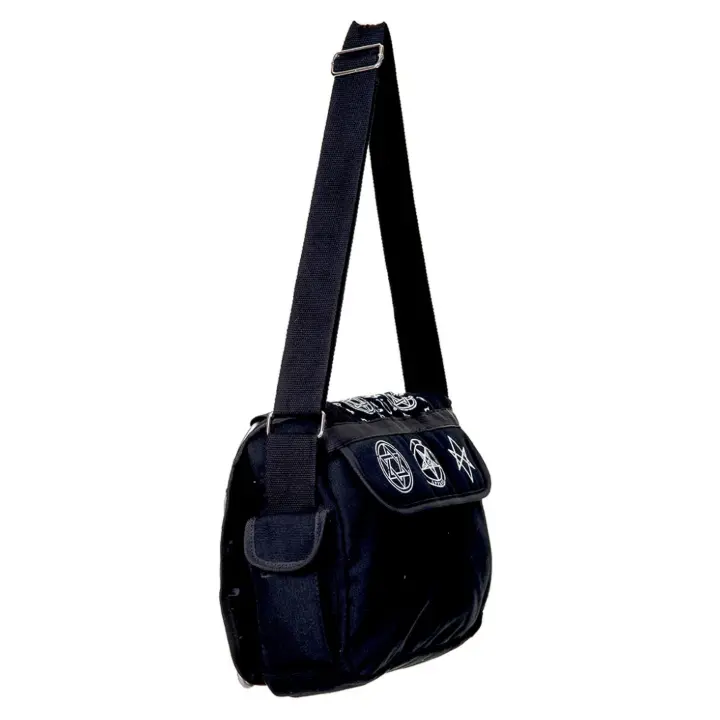 Black pentagram messenger bag by Banned Alternative with occult symbols gothic crossbody design