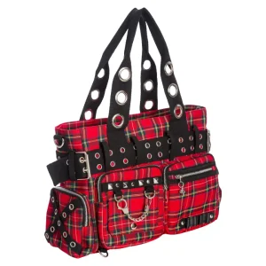 Camdyn red tartan handbag by Banned Alternative with punk studs chains and multiple pockets