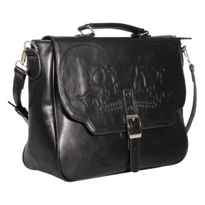 Fire Armour skull messenger bag black by Banned Alternative with embossed gothic skull design on front flap