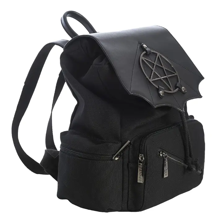 Moloch pentagram backpack black by Banned Alternative with gothic occult design and front flap emblem