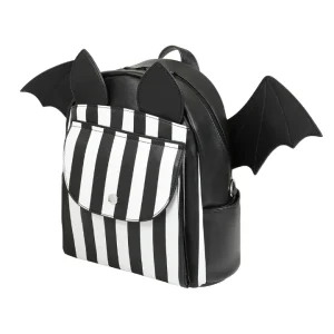 Nightfall bat backpack by Banned Alternative with black white stripes and bat wings design