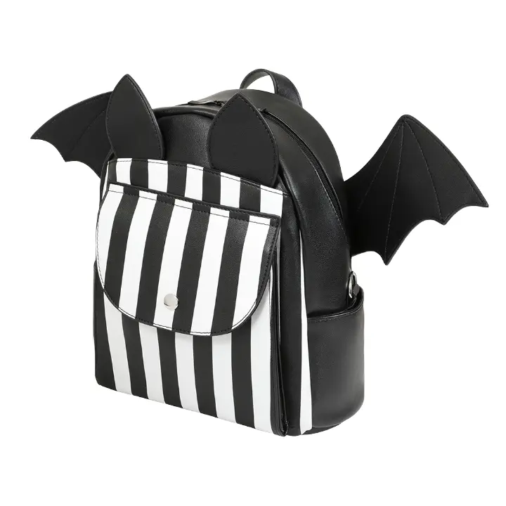 Nightfall bat backpack by Banned Alternative with black white stripes and bat wings design