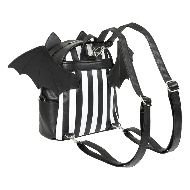 Nightfall bat backpack by Banned Alternative with black white stripes and bat wings design