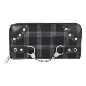 Rise Up tartan wallet by Banned Alternative with punk chain stud detailing and plaid design