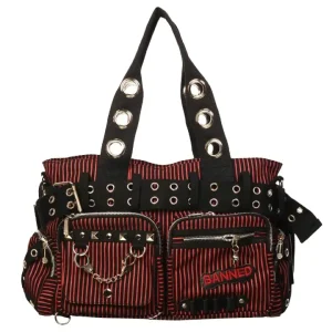 Sweet Revenge handbag by Banned Alternative with red black stripes studs chains and multiple pockets
