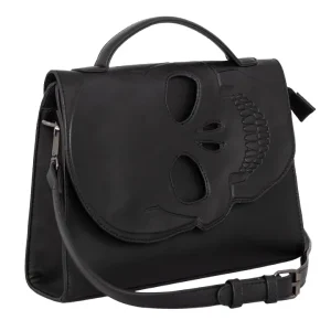 Tenebris skull shoulder bag black by Banned Alternative with embossed gothic skull design on front flap